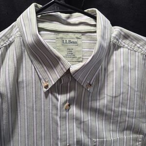 L.L. Bean Trim Fit Short Sleeve Button Down Shirt GRN WHT Stripe L Y2K Cotton